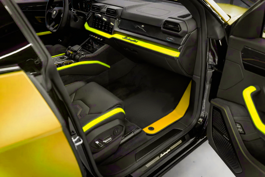 Tapetes para automóvel Pretos Personalizáveis Para Lamborghini Urus Com Couro Alcantara Amarelo